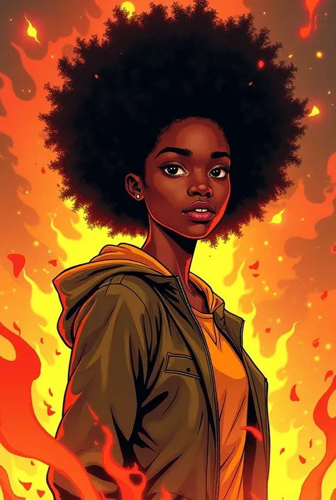 African-American teenager with afro surrounded by fire in comic style