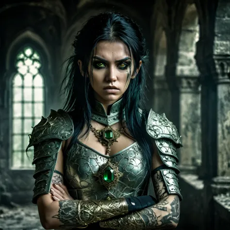 In a sickly old castle room scene. Full body picture of a gorgeous young woman. Accurate Golden eyes. Wearing demon style armor. Holding an intricate sickly staff with green magic, green gem locket. Long black hair with blond highlights, scary tattoos, neu...