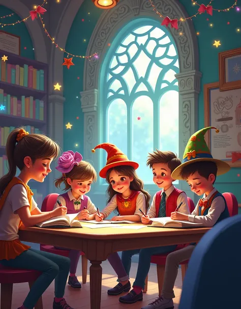 pupils studying in the classroom during Carnival season, book cover, happy children, detailed illustration style, fantasy 