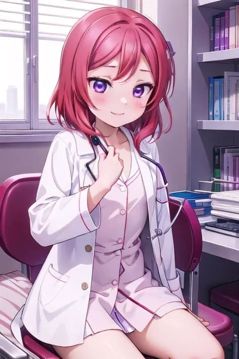 maki nishikino、embarrassed smile、bedroom、red hair、purple eyes、long white coat,wearing a white coat，doctor,examination room、put a...