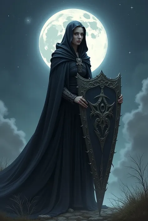 moon cleric, without an arm, wearing a black cloak with a shield of thorns