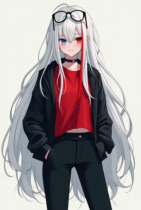 White-haired girl with a red lock, one blue eye and the other red with a red shirt,a black jacket,black pants and white sneakers and glasses on top of his head 