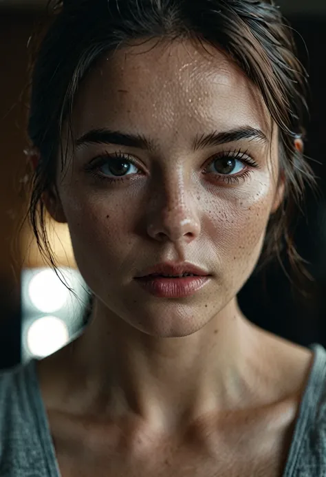 cinematic film still girl,no make up,plain,photograph,highly detailed face,depth of field,moody light, centered,extremely detailed,Nikon D850,award winning photography,waist up visible, though eyes,natural skin,high detailed face,high detailed cloth,(brune...