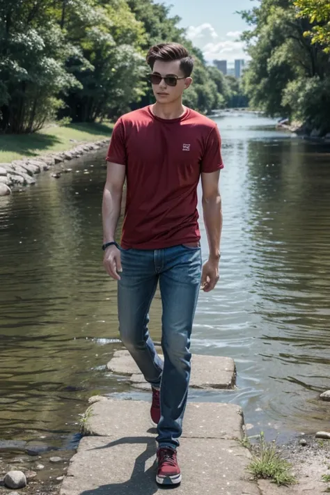 Man red shirt, jeans, walking, in front of the river, floor