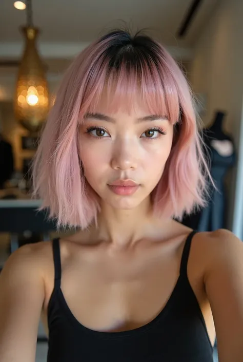 Crée une nouvelle femme à partir de cette image elle a 20 ans elle a des origine hispanique et aussi chinois elle est belle naturelle est naturel  Elle a une coupe de cheveux carré avec une frange épaisse rose pastel elle a des sourcil bien dessiner légère...