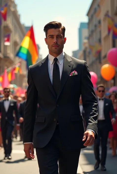 A man in a black suit in a parade with a strong jaw and dark black hair