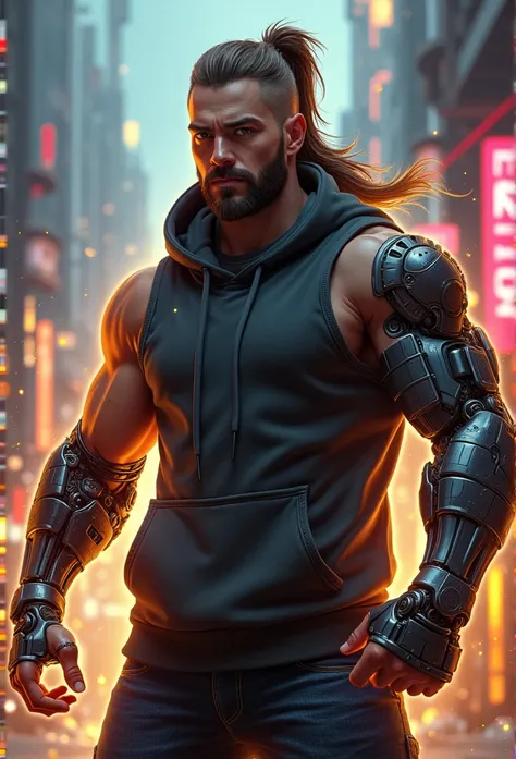 (best quality,highres,ultra-detailed,realistic:1.2), male with robotic arms wearing sleeveless hoodie, brown-eyed, brown ponytail, crackling energy, light beard, futuristic concept, vivid colors, glowing neon lights, impressive physique, powerful stance, c...