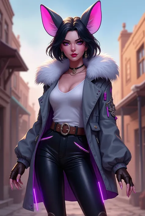 I would like a mature woman with small gray mouse ears on her head, short black hair, visually very beautiful. She wears lipstick, eyeliner, earrings, and a necklace. She has a gray jacket with purple neon details and white fur around the collar, with a wh...