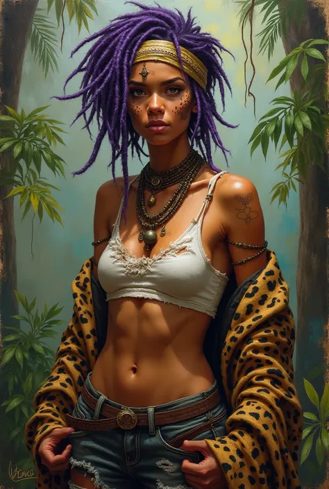 Peinture femme nue très beau sauvage comme dans une tribu. Cheveux court avec des locks violette portant un bandana  . Peinture de tribu sur le visage 
Débardeur trouè dans la jungle . Avec une peau de léopard . Mi humain mi animal 