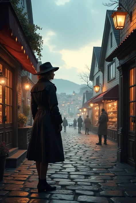 hyper realistic photo of quaint shops lining cobblestone streets, and a bustling harbor with dogs silhouette in background, a woman detective from behind, more sky and harbor, no people in background..
