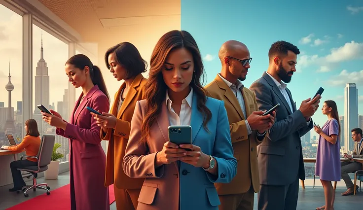 An iconic image of people from around the world using iPhones, from a celebrity on a red carpet to a student in a classroom, a businessperson in a boardroom, and a tourist in front of a landmark, all holding iPhones in different poses, cultural diversity r...