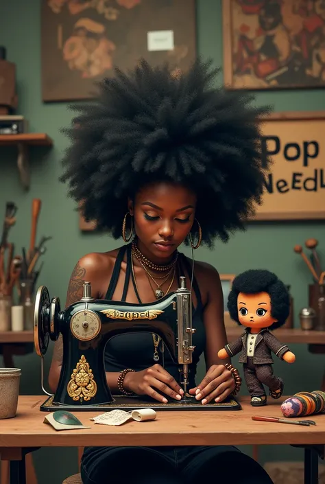 Black punk girl with afro hair sewing a rocker rag doll in an art studio with an old-fashioned backdrop, sitting at a sewing machine with a sign saying Pop Needle prominently displayed