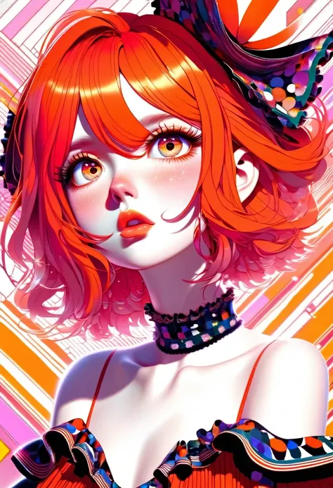 (embarrassed), red hair, orange hair, WeriArt Style, 1girl, blush, upper body, highly detailed eyes, hires, collarbone, frilled dress, open mouth ((The glitch effect)) ((Boris Valejo style)), magic naive art, primitivism, protogen, ((best quality, Masterpi...