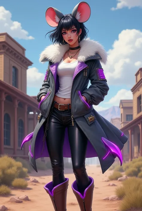 I would like a mature woman with small gray mouse ears on her head, short black hair, visually very beautiful. She wears lipstick, eyeliner, earrings, and a necklace. She has a gray jacket with purple neon details and white fur around the collar, with a wh...