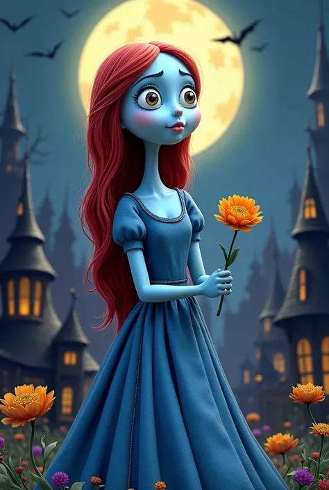 Sally from the nightmare before Christmas holding a flower, in cartoon style