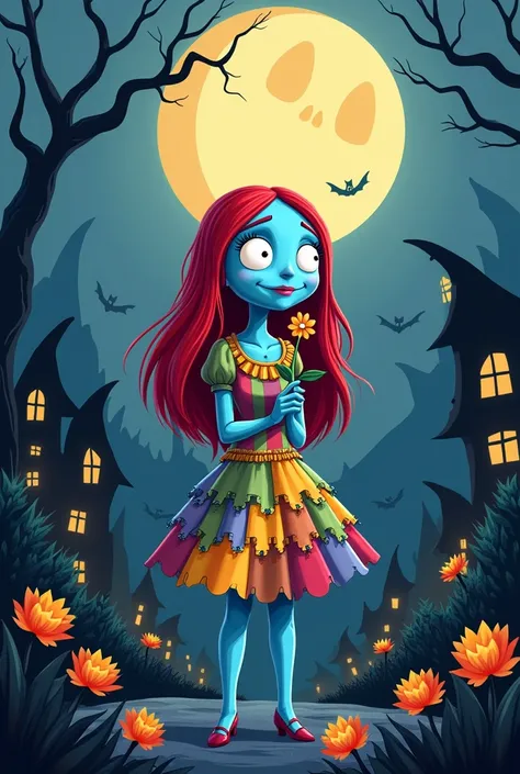 Sally from the nightmare before Christmas holding a flower, in a flat cartoon style