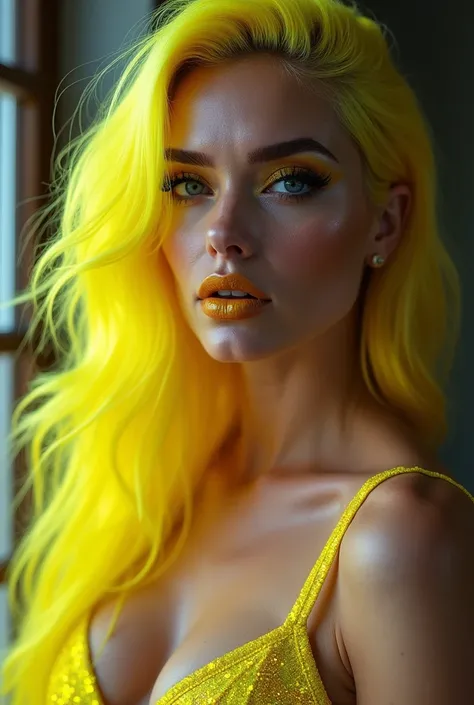 russian erotic mature, yellow hair , one shaved sides hair  ,   yellow blue eyes , big pump silicon lips  , yellow lipstick  neon dress 8k realistic erotic dress 