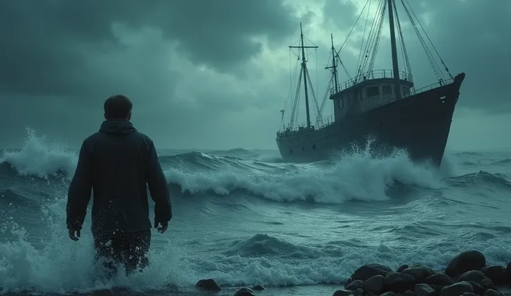 A flashback scene showing a tragic storm at sea with a man’s son being swept away, and the old, haunted boat in the background under a turbulent sky.