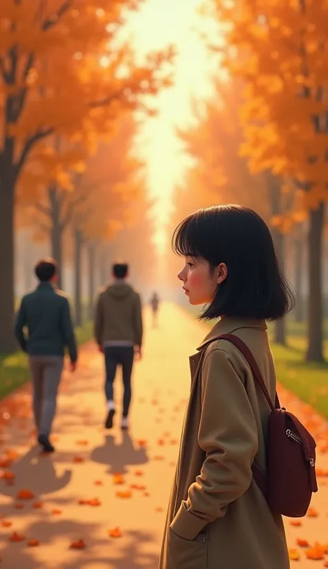 A 25-year-old woman is watching from a distance as a 2 man walks home with his male friend.。I want to talk to her but I can&#39;t.、Autumn park, The girl has light black hair and round cheeks., A little plump. 8k yen)), Kim Do-young, 🚿🗝📝, Shin Jinyoung, 🍁 c...