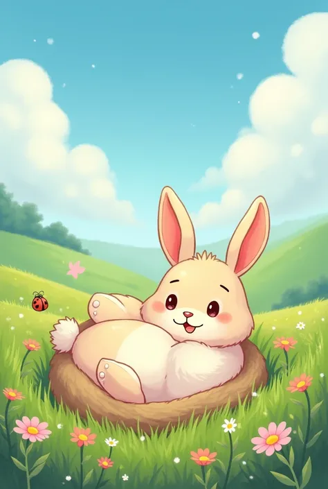 A cartoon style rabbit lying in the field