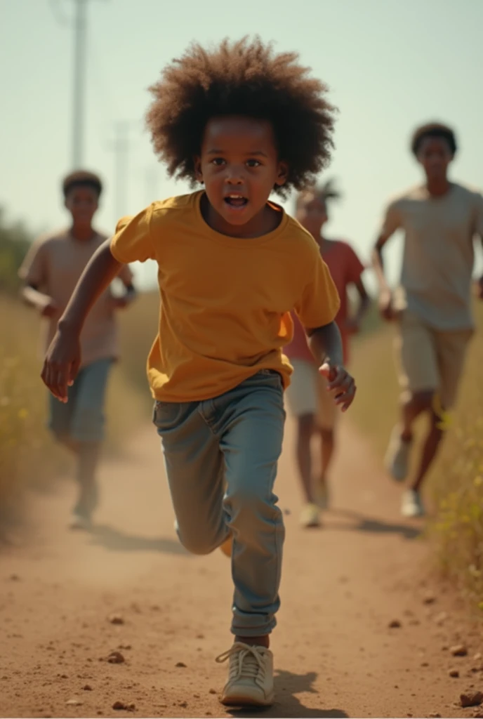 Scared African-American man child with afro running away from people