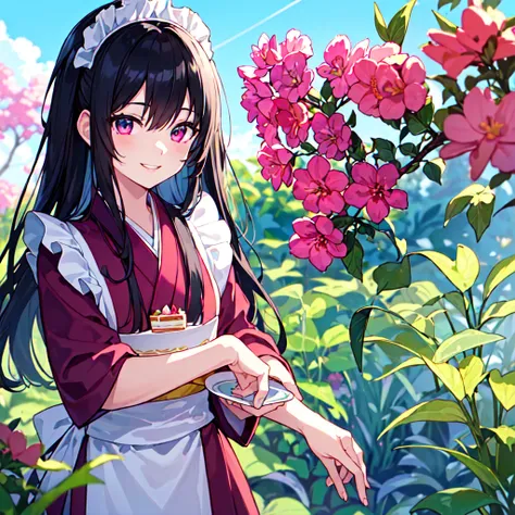 masterpiece, best quality, high quality, extremely detailed, very delicate and beautiful, (1 female 1 alone solo:1.5), (two side up long black hair:1.5), bangs to eyebrows, eyes Eyebrows are glossy, (eye color: magenta:1.3), 6.5 head height, (Kimono summer...