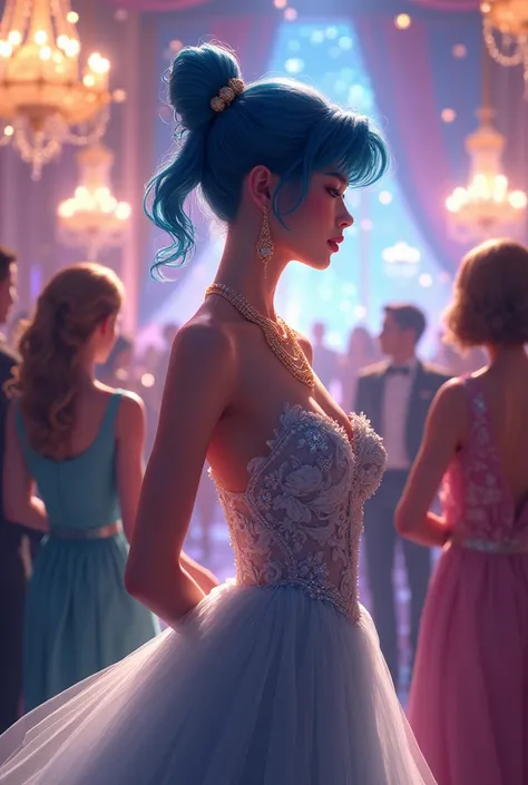 Amy Mizuno Sailor Mercury in a very elegant dress and a birthday party in the background 