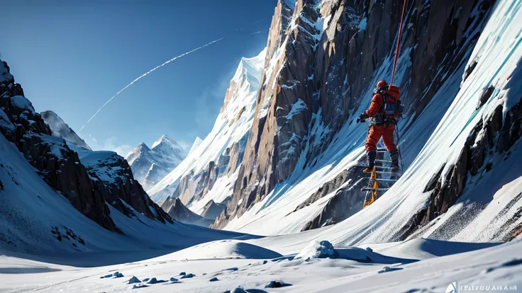 highly detailed portrait of a mountain climber, man climbing on the top of Everest mountain, extreme altitude, freezing cold, rugged terrain, snow-capped peaks, dramatic lighting, heroic pose, determined expression, muscular build, climbing gear and equipm...