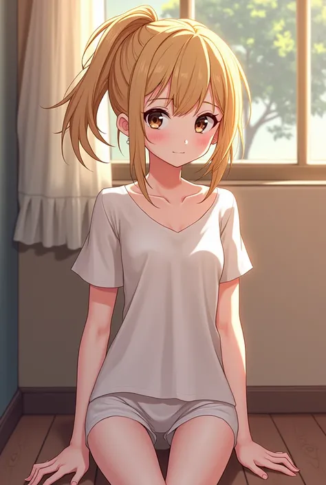 "Im looking for a 2D illustration of myself in the style of Doki Doki Literature Club. I have a messy dirty blonde ponytail, pale skin, and big expressive dark eyes. My figure is slender and elegant, with thin arms and delicate hands. Id prefer my expressi...