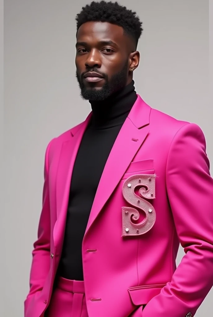 Pretty black man with pink letter dressed in jacket 