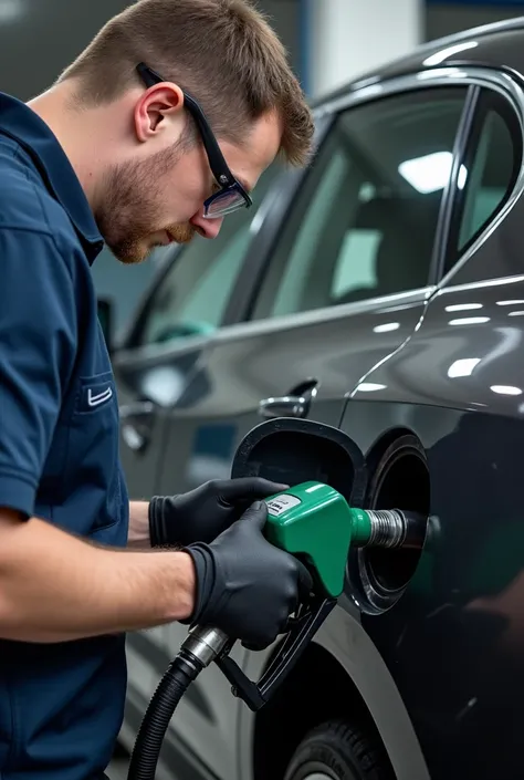 Make me a picture where you see a person cleaning the gas tank of the car. He uses a machine where they insert a tube into the gas tank to do dialysis in the tank. 