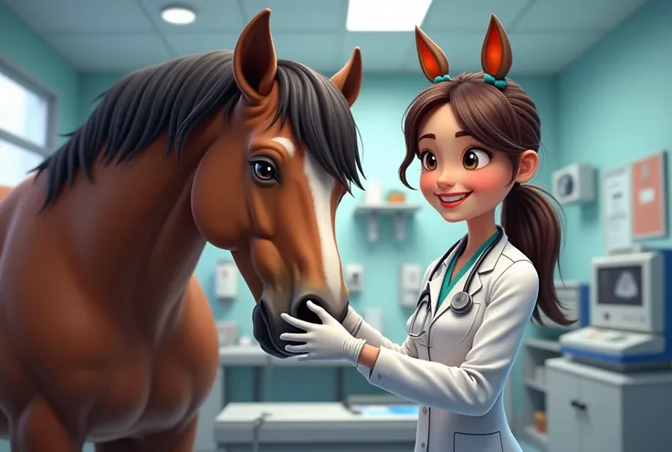 A cute veterinary girl who is currently examining a horse with her hands deeply extended using ultrasound vet machine. Horse vet environment, horse full body, girl full body, Veternary gloves inside horse botom.
Animal Ears, Ponytail, 