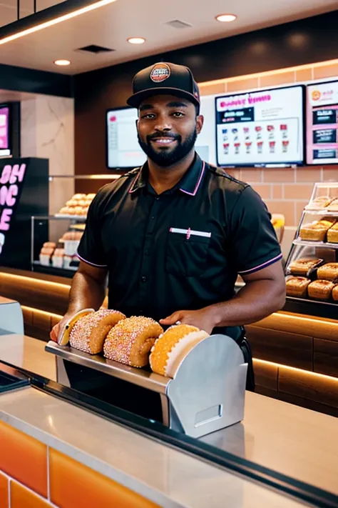 a bear working at dunkin donuts, wearing a uniform, standing at the counter, taking orders, with a friendly expression, in a cle...