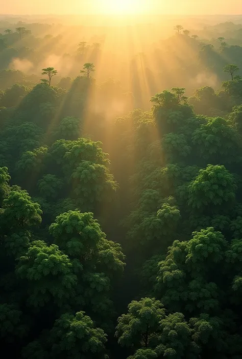 Aerial view of dense jungle : A spectacular aerial view of the dense African jungle, avec une canopée épaisse et verdoyante, bathed in the golden light of the sun.