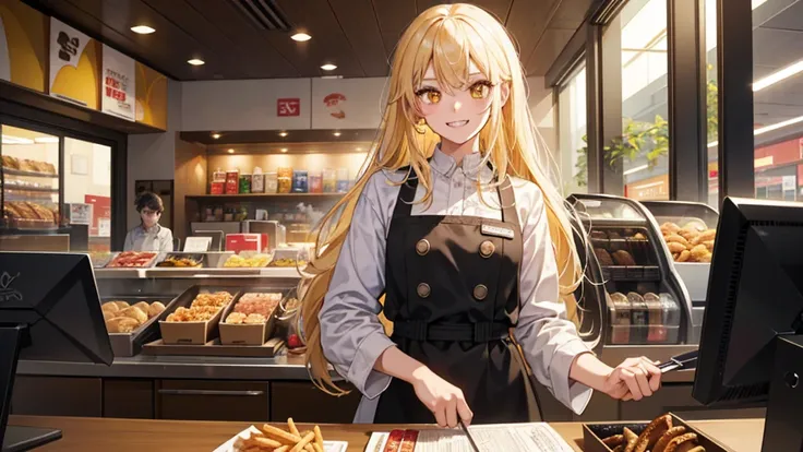 A girl is standing behind the counter at a McDonalds, facing forward, dressed as a cashier with a tray of food in hand. She is wearing a typical fast food uniform cap. Her hands are positioned behind her back. Behind her, the utensils are neatly arranged, ...