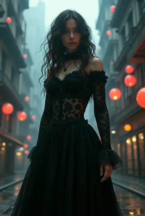 Full body ,front view , An Award-Winning Masterpiece, (photo realistic) A young woman with a maximalist dark look, featuring layers of black lace and velvet, poses in front of a surreal cityscape where the buildings twist and turn in impossible angles, and...