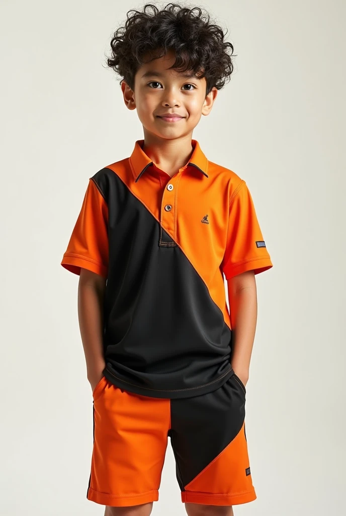 A uniform that has a shirt and shorts in orange and black for boys, only the uniform 
