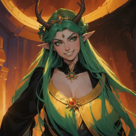 (exciting graphic novel style:1.3), portrait, an elf princess with a (snob grin, teeth.1.2), messy green hair, tiara, antlers,crown and medallions, noble velvet black dress, surrounded by mist,orange and red backlight, steam, (playful charismatic), strong ...