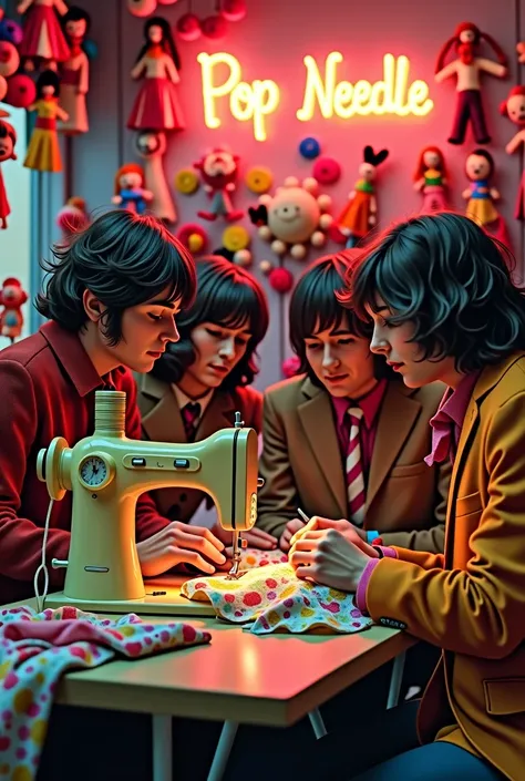 The Beatles sewing rag dolls and embroidering in a 1970s-style art studio, including a sewing machine that looks like a yellow submarine and a neon sign that says Pop Needle prominently on the scene