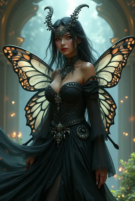 Dungeons and Dragons setting. A woman with butterfly features like wings and antennas who has silver eyes. She is beautiful and has dark skin and is wearing a flowing gown of black and silver.  