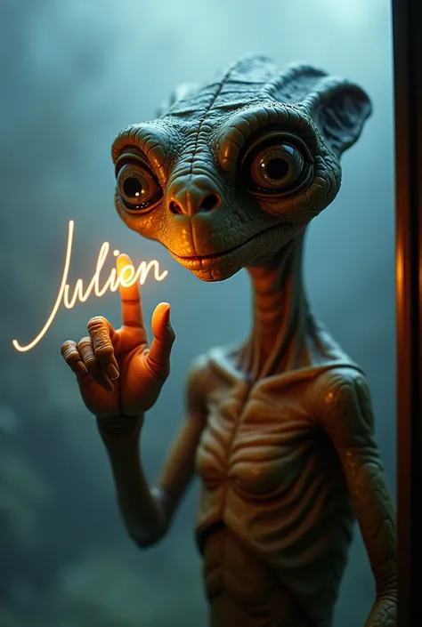 Ultra realistic image of the character E.T. you film, derrière une vitre avec de la buée, il écrit sur la vitre avec son doigt illuminé "Julien"