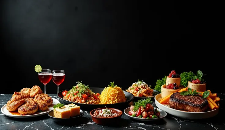 RESTAURANT FOOD WITH A BLACK BACKGROUND , THE FOOD WILL BE ON RIGHT SIDE ONLT AND THE LEFT SIDE REMAIN BLACK


