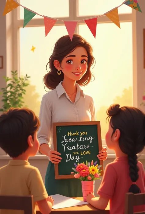 Create a Teacher&#39;s Day image with a delicate and affectionate style. The scene should show a teacher in a classroom with smiling children around, holding flowers and colorful drawings. The teacher should have a warm and emotional expression, while hold...