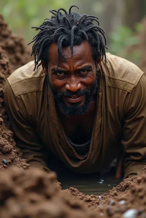 Musa homme africain dans la trentaine sortant du piège : Musa se hisse hors du trou, essoufflé et couvert de terre humide, ses vêtements toujours en place pour cacher sa awra.