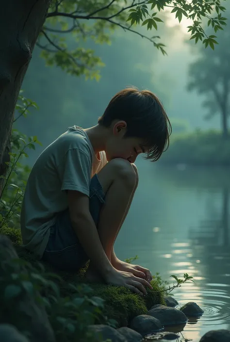 A sad boy having tears in his eye sitting near pond