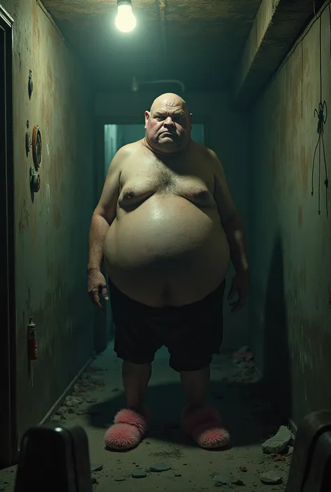 In a dimly lit, claustrophobic basement, a short, overweight man with a completely bald head and extremely pale skin stands, his sweat-slicked skin accentuating his unhealthy, eerie appearance. His bulging, deeply set eyes hold an unsettling, disturbed gaz...