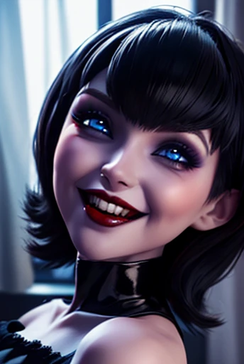 3D image ,mavis dracula, supernatural beauty gothic makeup fine detailed face perfect blue eyes smooth skin smile showing vampire fangs, full and red lips 