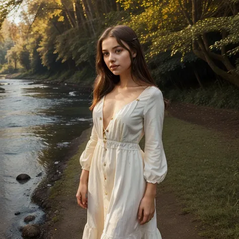 Young girl 2 with European features with a beautiful figure. Dressed in a light dress. In the background there is nature forest, River, sea