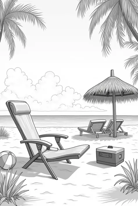 A high quality black and white drawing of a beach in Guarapari-ES. Em primeiro plano, a plastic reclining beach chaira Mikasa futvolley ball, a JBL Boombox 3, , a drinks cooler and a straw umbrella. The sand is fine and golden, the crystal clear sea and th...