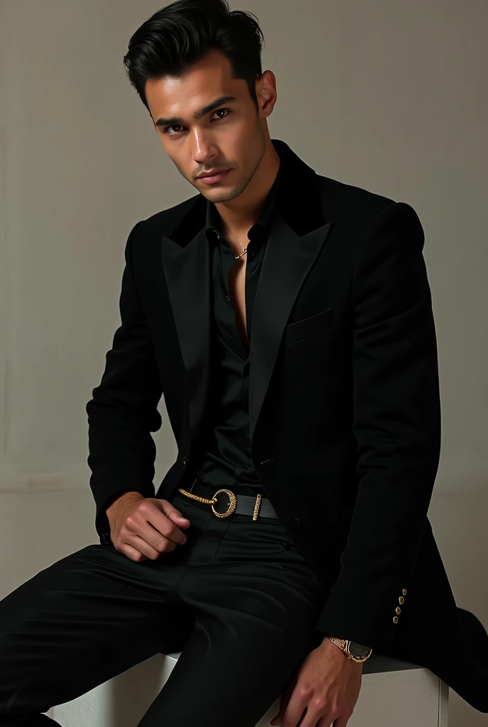 A male model with black pants and black jacket and golden accessories 